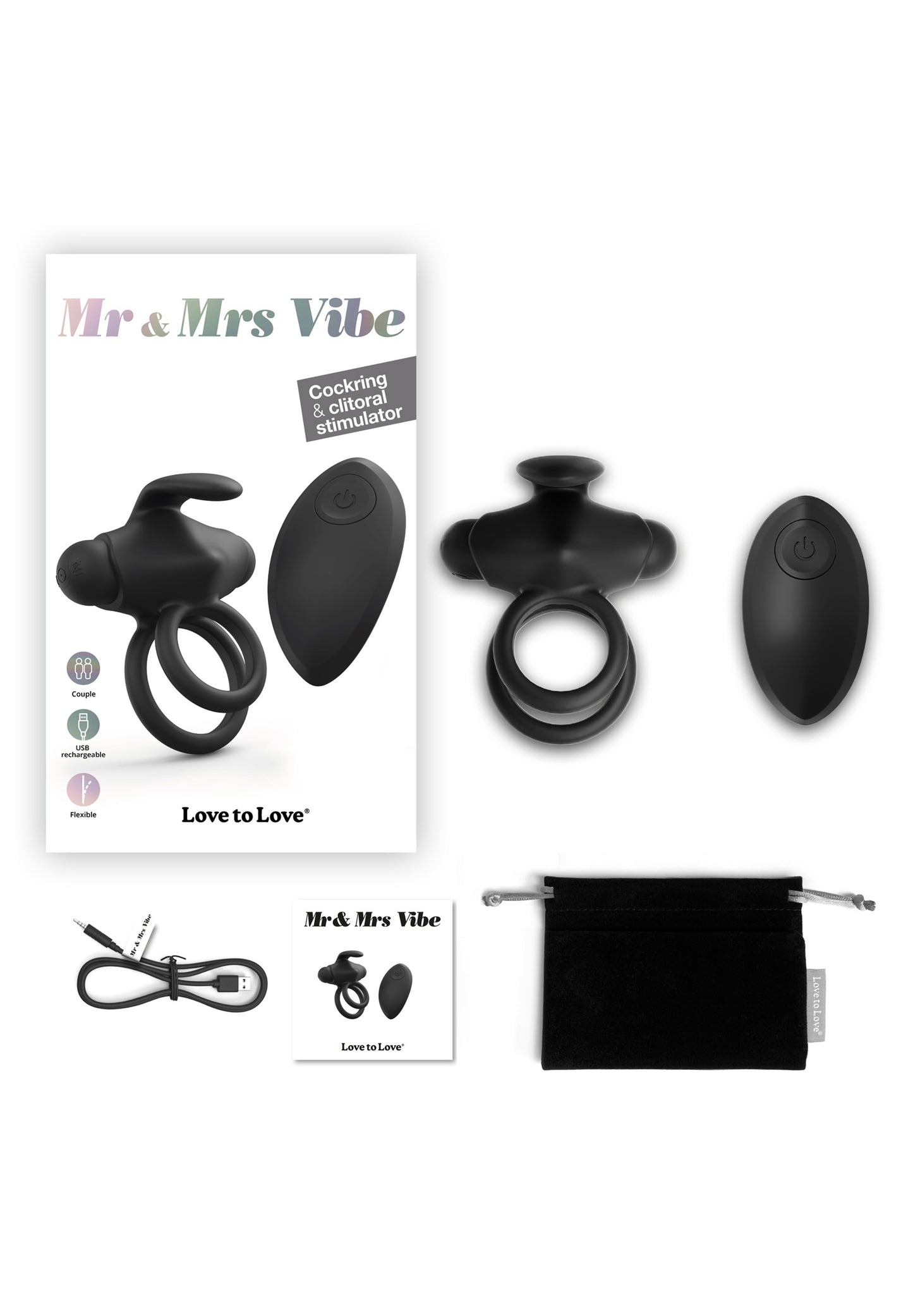 Cock Ring & Clitoral Stimulator Mr & Mrs Vibe - Black Onyx