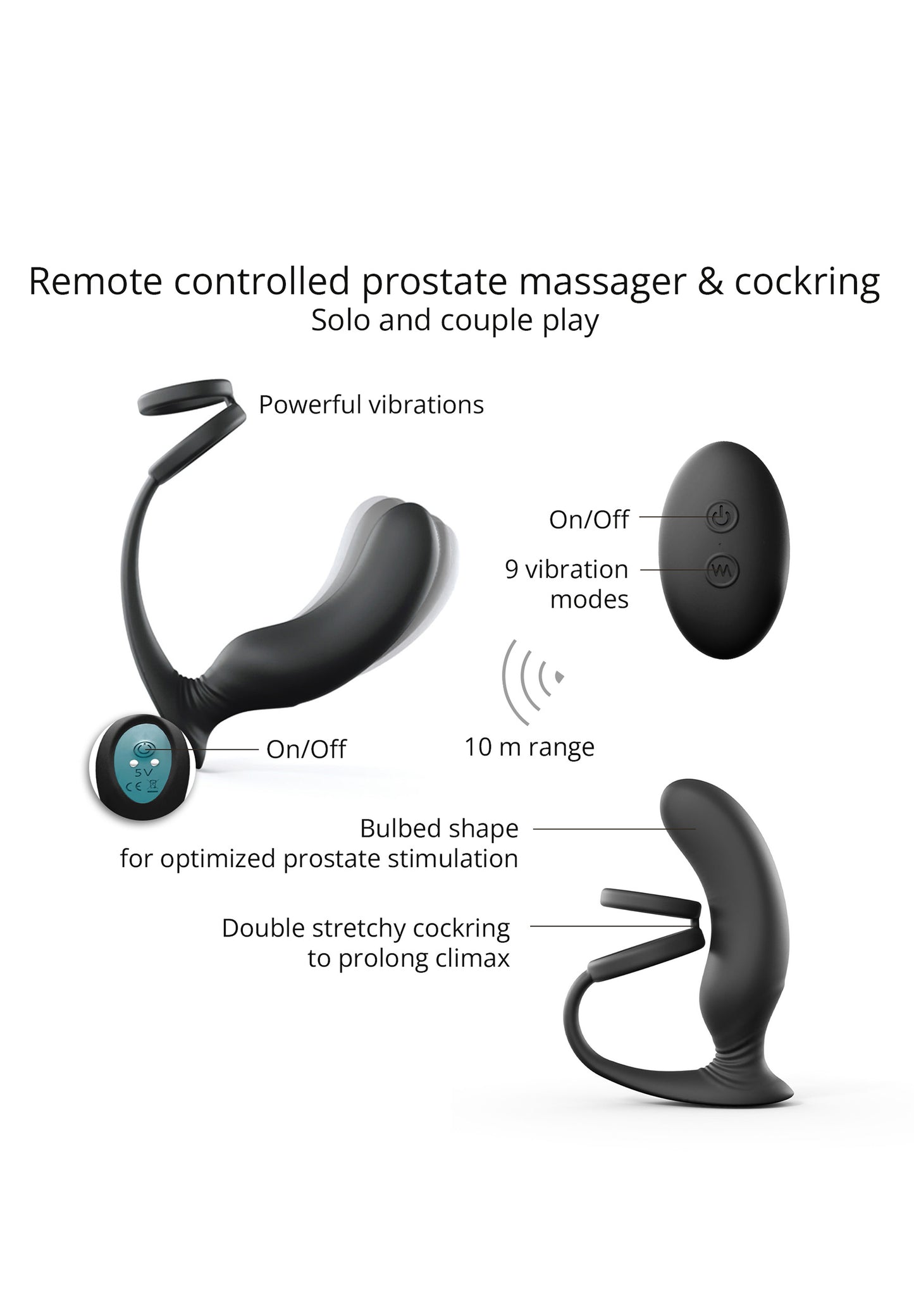 Prostate Massager with Cock Ring Double Game - Black Onyx