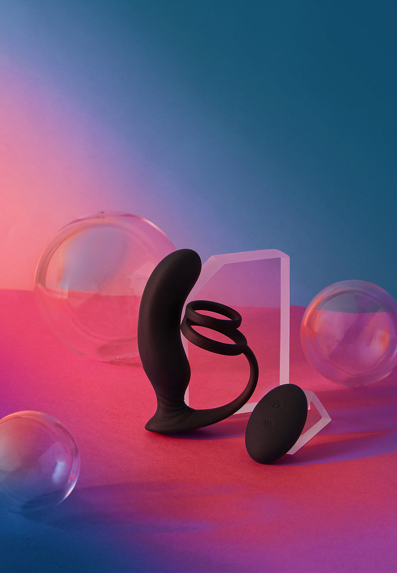 Prostate Massager with Cock Ring Double Game - Black Onyx